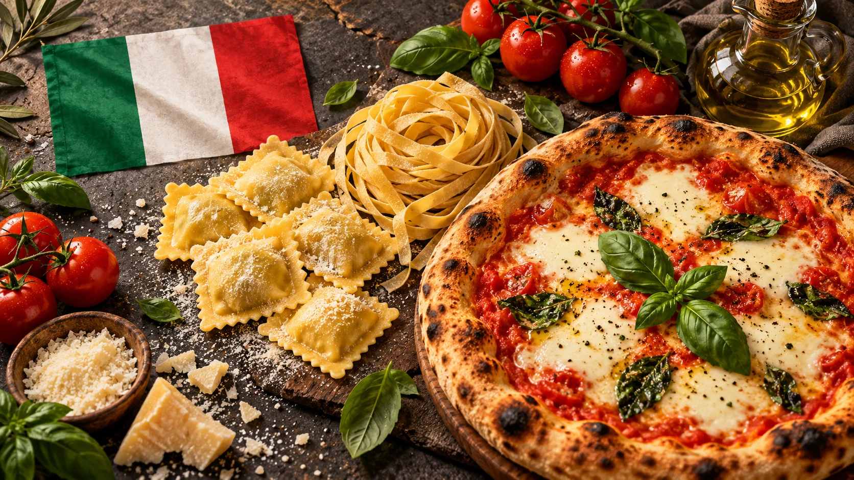 Ilustración de pizza, pasta y bandera de Italia