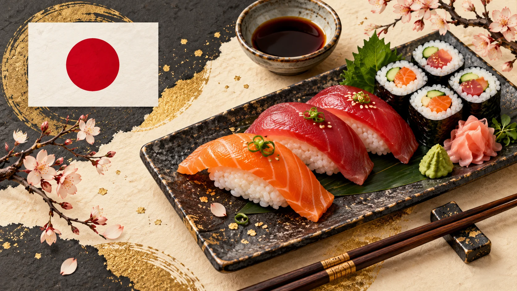 Ilustración de sushi y bandera de Japón