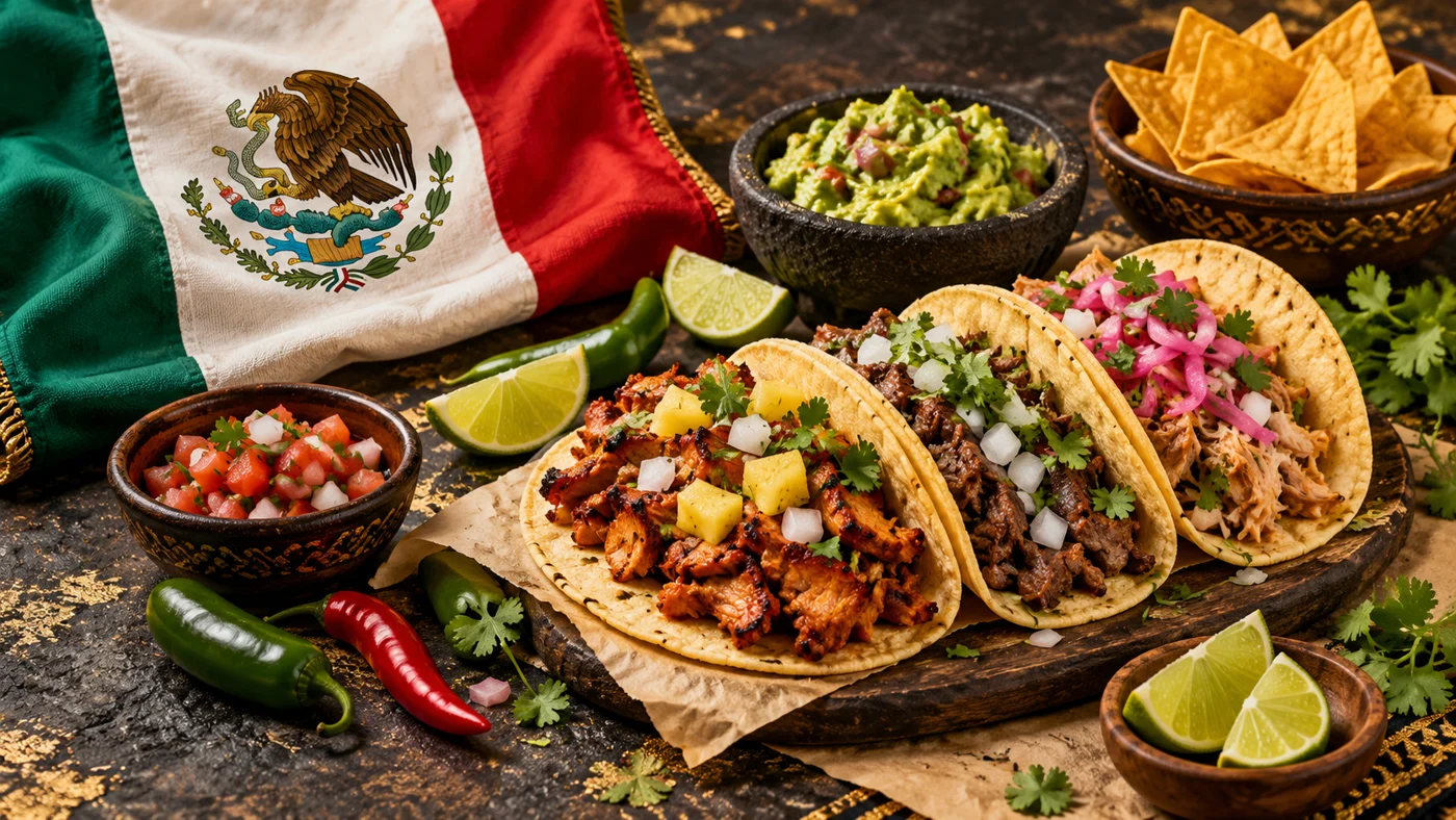 Ilustración editorial de tacos, guacamole y bandera mexicana