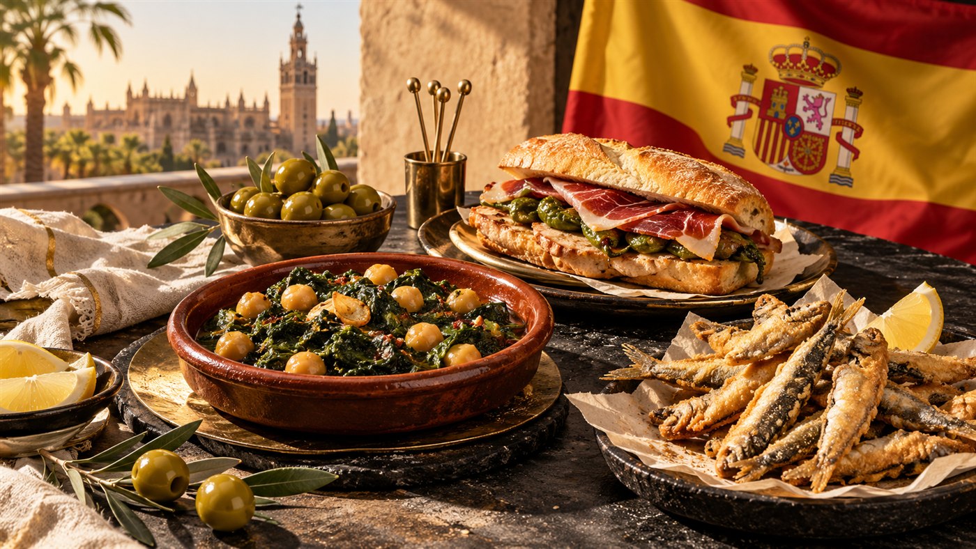 Ilustración de serranito, espinacas con garbanzos, pescaíto frito y bandera de España