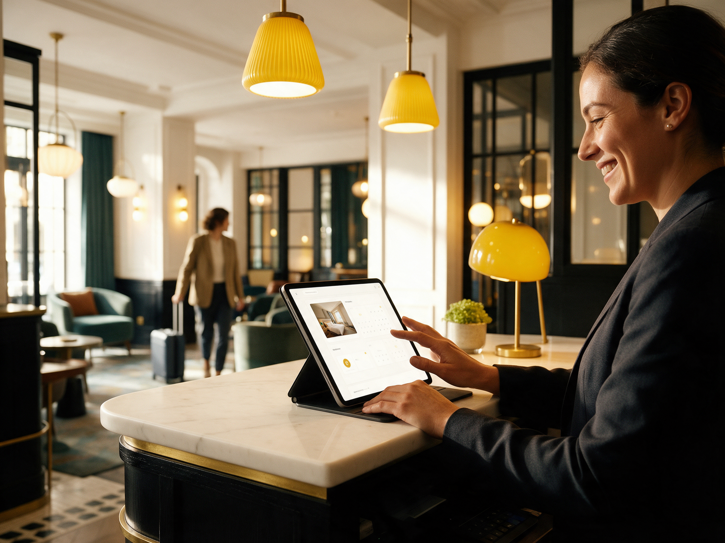 Recepción de un alojamiento con reserva directa en una tableta y huésped llegando