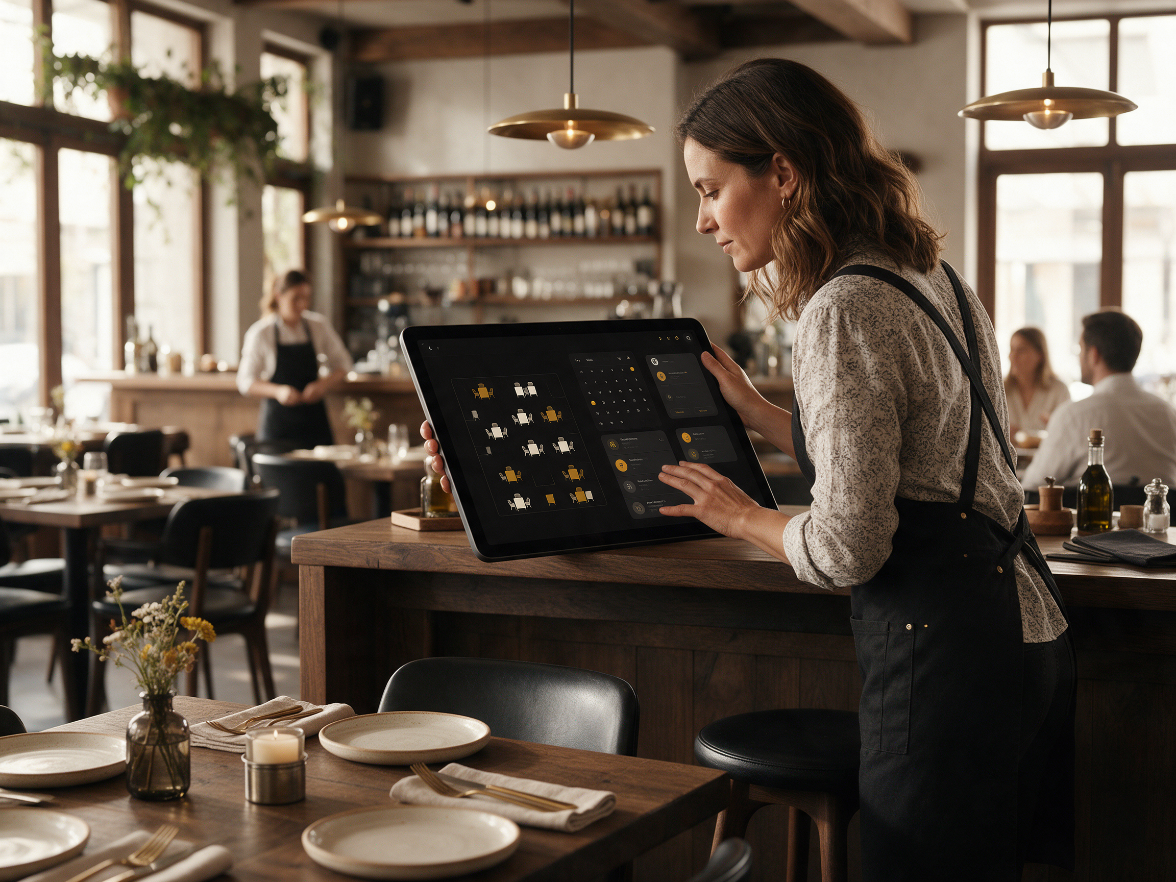 Encargada de restaurante organizando reservas y pedidos en una tableta junto a una mesa preparada