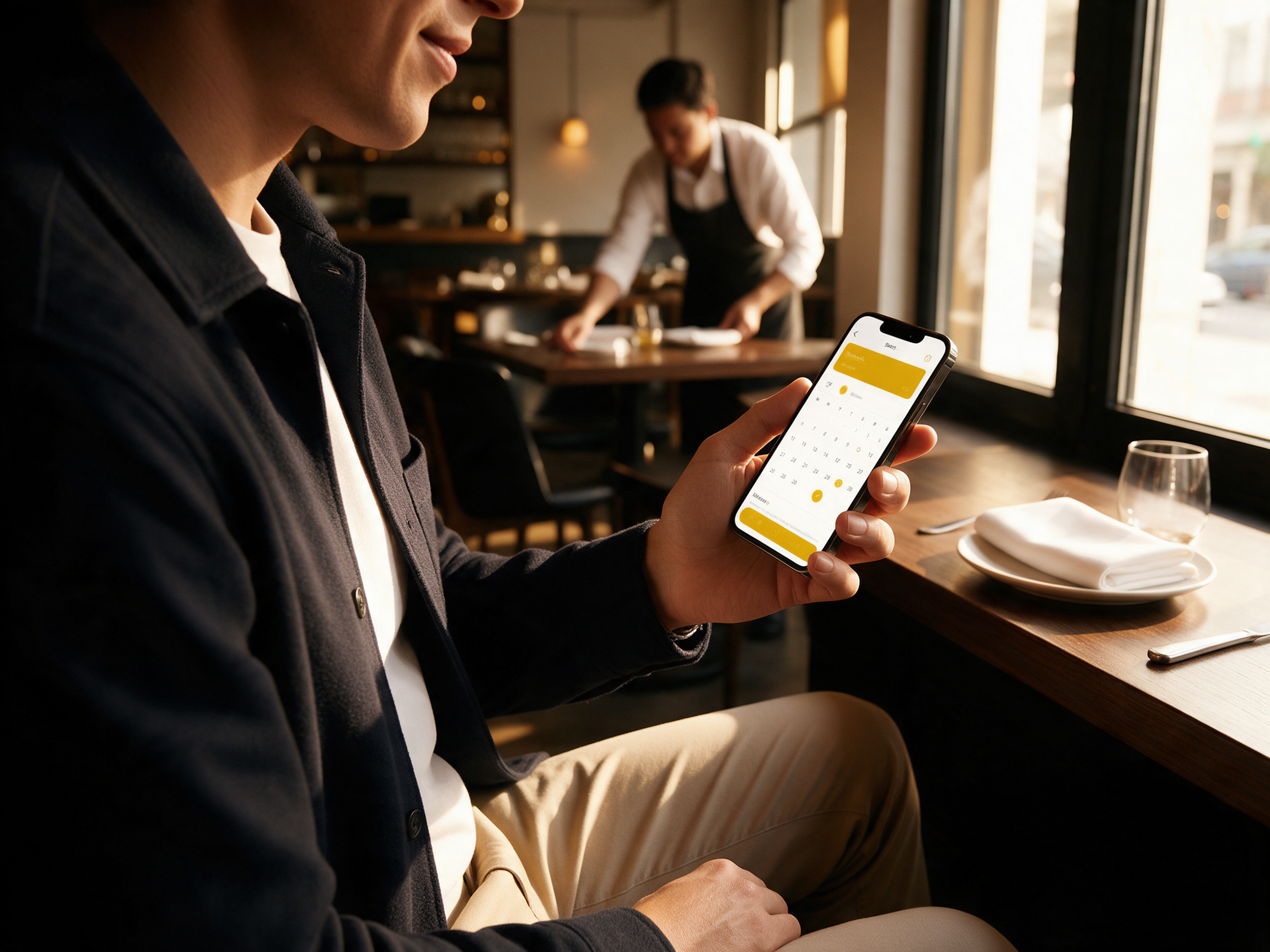 Cliente eligiendo fecha de reserva desde su móvil en un restaurante